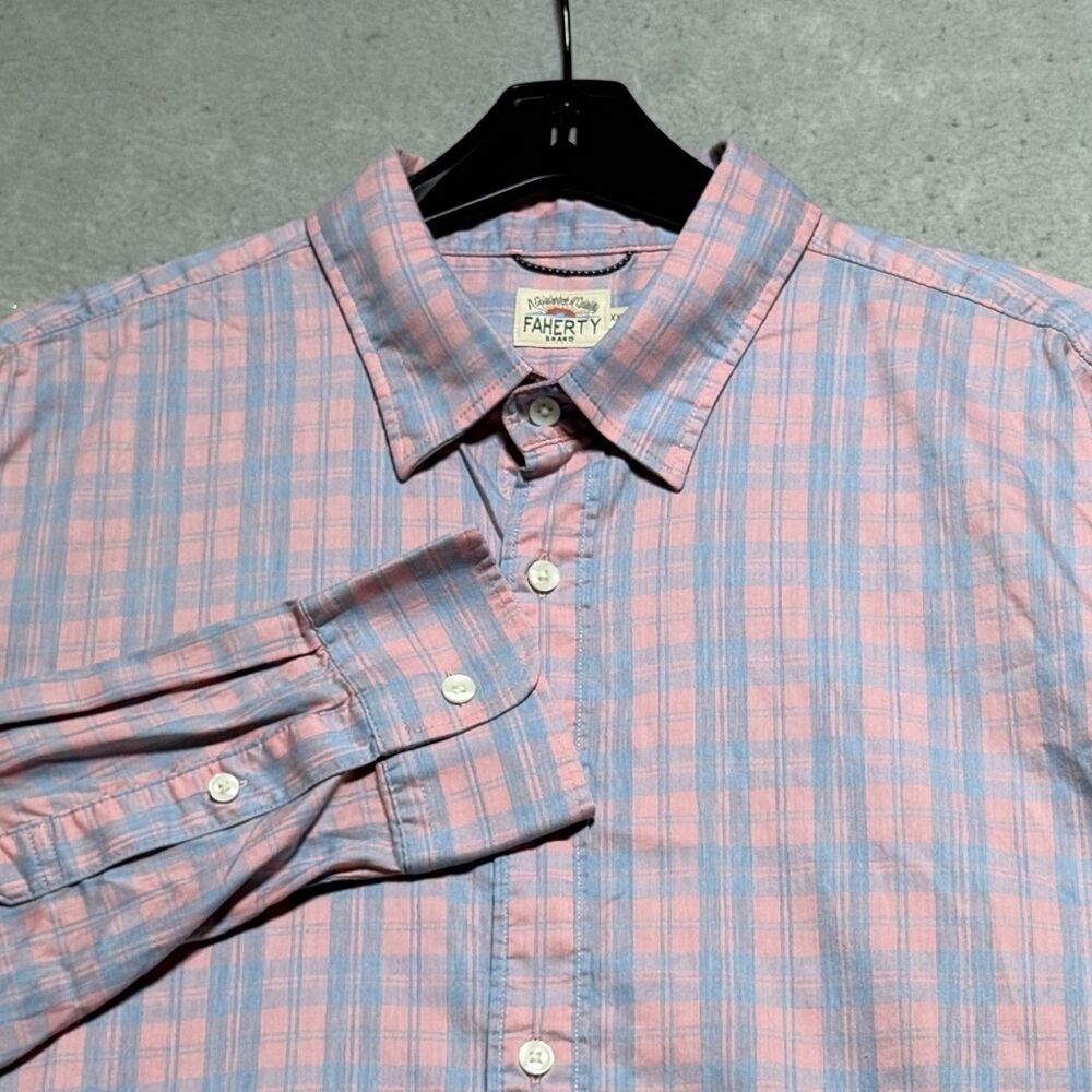 Faherty Shirt Mens Size XXL Pink Blue Plaid Long Sleeve Button Down Preppy